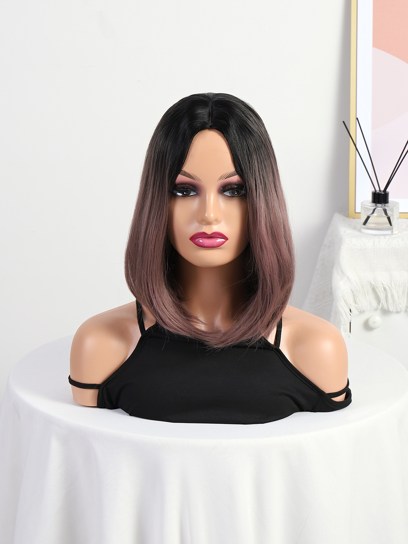 Europa y américa teñido medio corte bobo peluca mujer comercio exterior corto cabello recto negro gradiente cherry color bobo details Picture