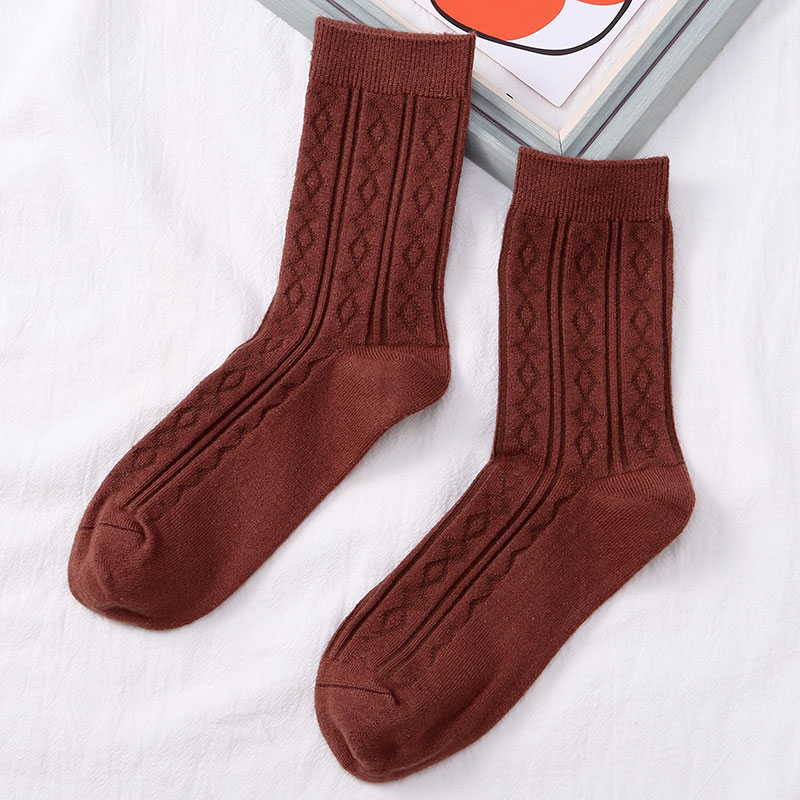 喜朗登春秋冬季纯色女士中筒袜 双针提花菱形格羊绒女袜子 厂家混色批发2060详情4
