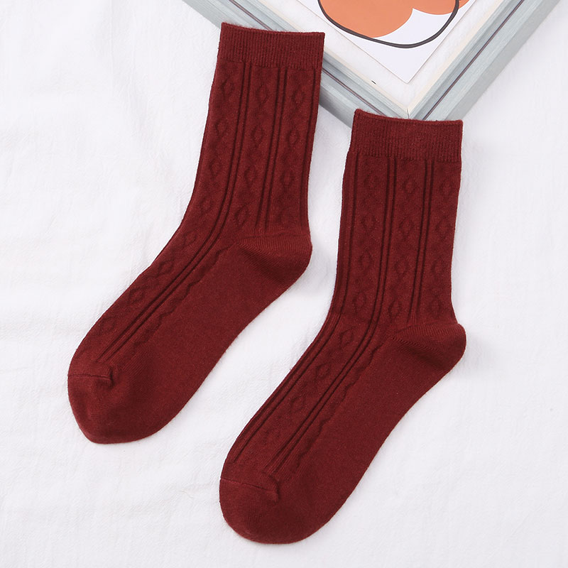喜朗登春秋冬季纯色女士中筒袜 双针提花菱形格羊绒女袜子 厂家混色批发2060详情11