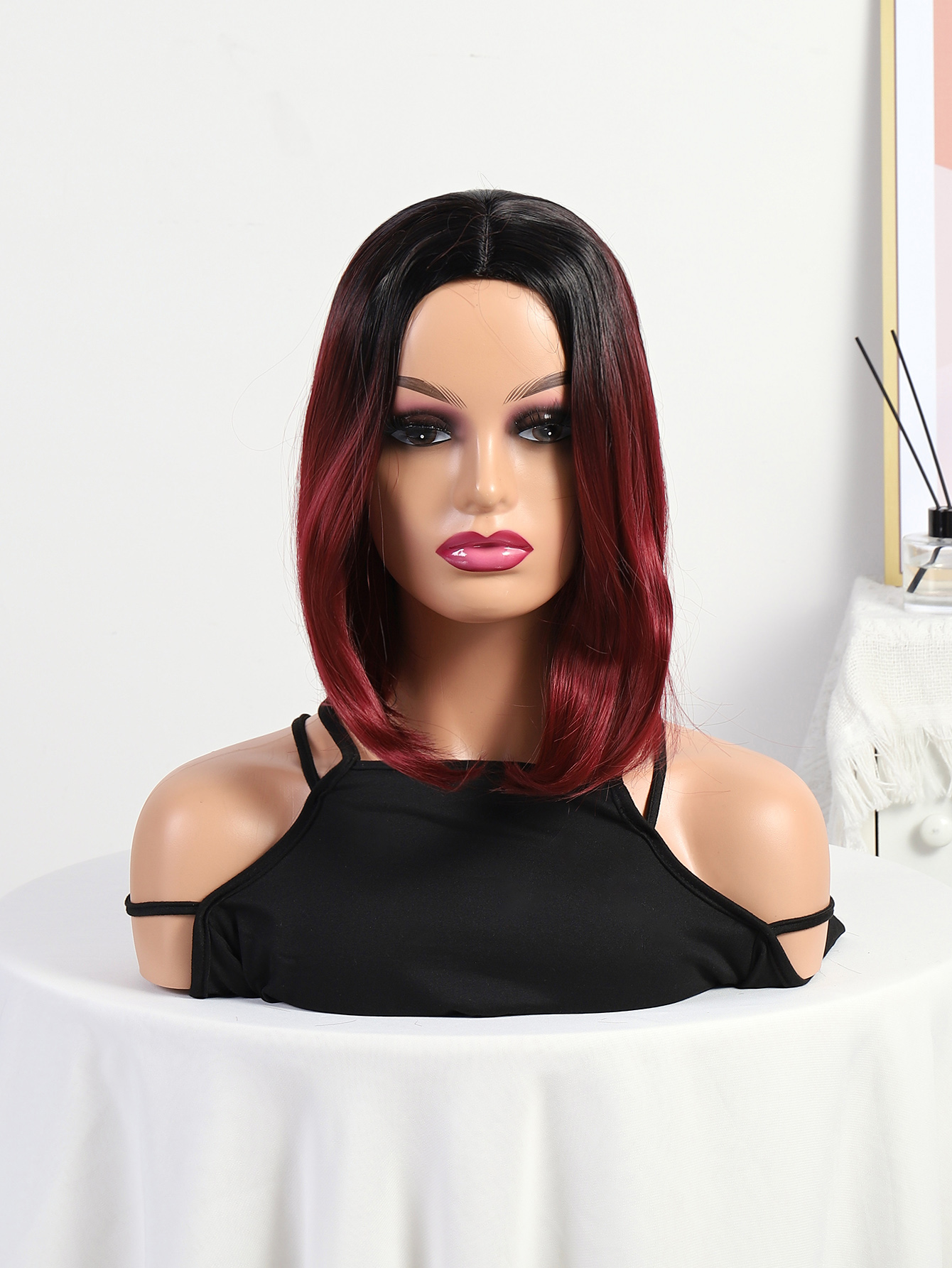 Transfronterizo europeo y americano teñido medio corte bobo peluca mujer comercio exterior corto cabello recto negro gradiente burdeos bobo details Picture