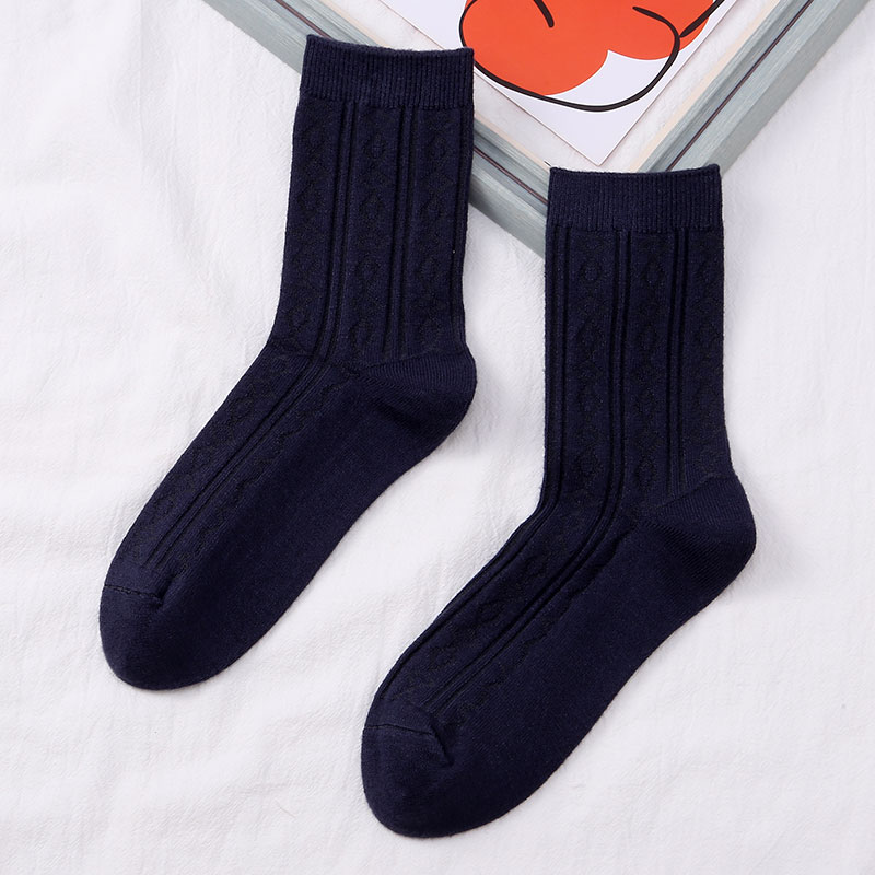 喜朗登春秋冬季纯色女士中筒袜 双针提花菱形格羊绒女袜子 厂家混色批发2060详情7