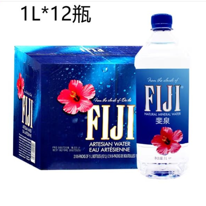 答案：天然矿泉水/斐济进口/1L*12瓶/1000ml瓶装/饮用水/整箱12瓶/大瓶白底实物图