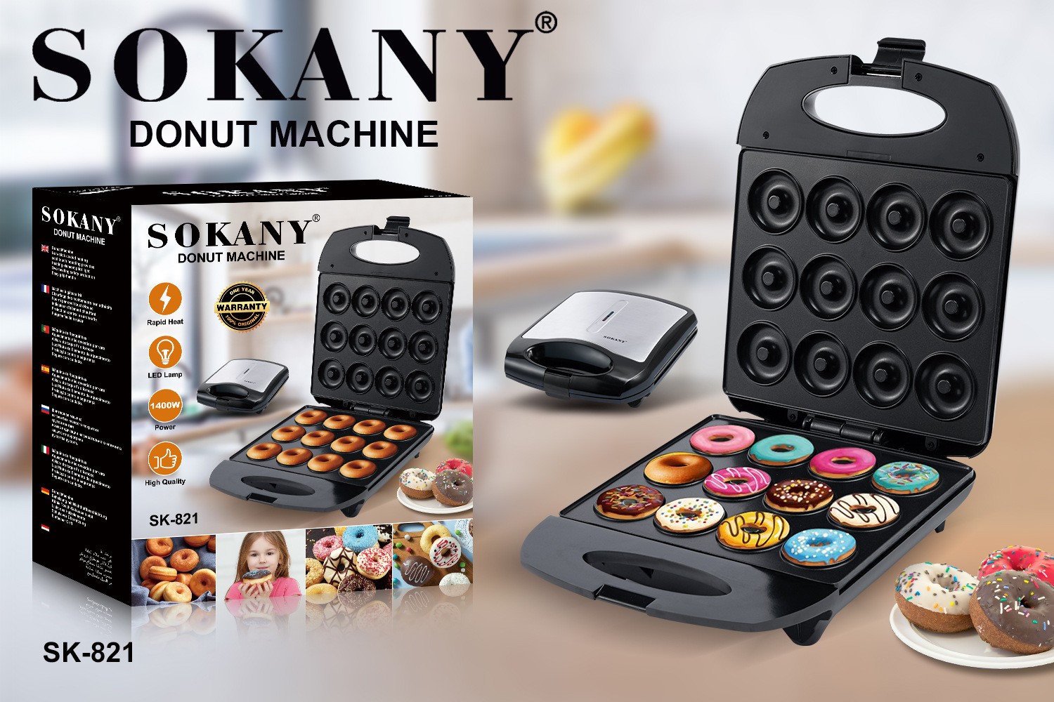 跨境出口SOKANY821甜甜圈机家用12孔蛋糕机轻食甜品点心面包DONUT MACHINE详情图4