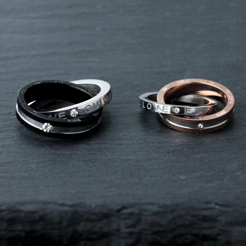 韩版镶石圆形水钻双圈项链钛钢吊坠 不锈钢时尚百搭情侣项链