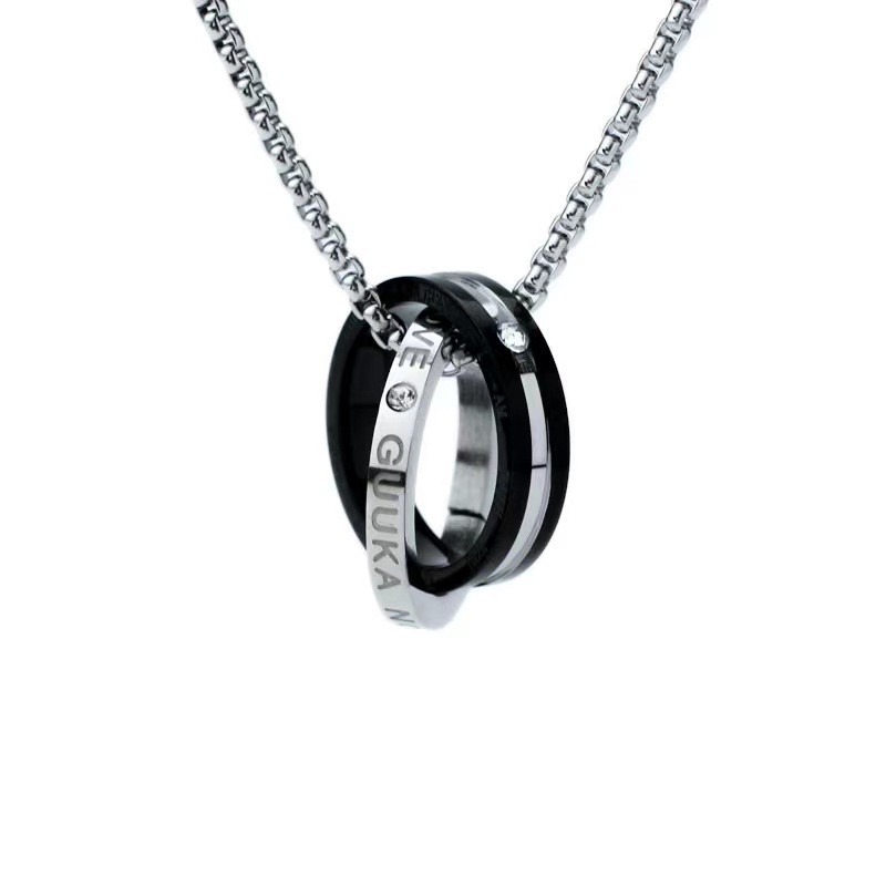 Korean-style round rhinestone double-ring necklace with stone inlay, titanium steel pendant, stainless steel, fashionable and versatile couple necklace Item Picture
