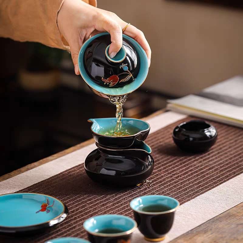 京韵窑彩叠金功夫茶具套装家用天青釉轻奢高档佛手花茶壶泡茶盖碗详情8
