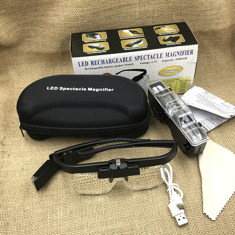 The new 11642DC glasses-style magnifying glass with a light and USB charging function is designed for the elderly to read newspapers and books. It features multiple lenses with interchangeable magnification Item Picture