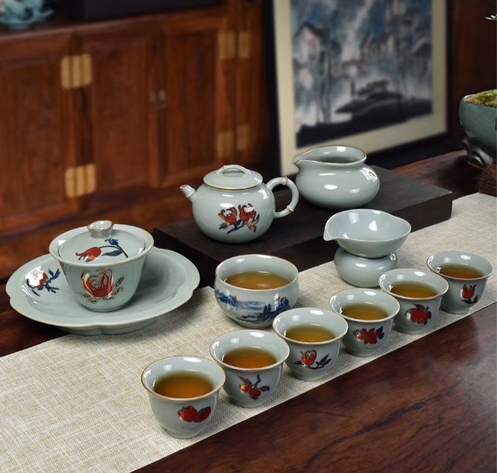 京韵窑彩叠金功夫茶具套装家用天青釉轻奢高档佛手花茶壶泡茶盖碗详情11