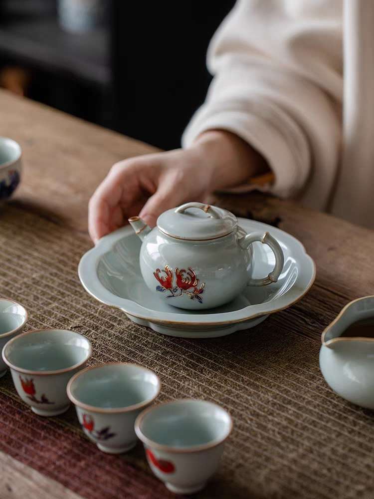 京韵窑彩叠金功夫茶具套装家用天青釉轻奢高档佛手花茶壶泡茶盖碗详情6