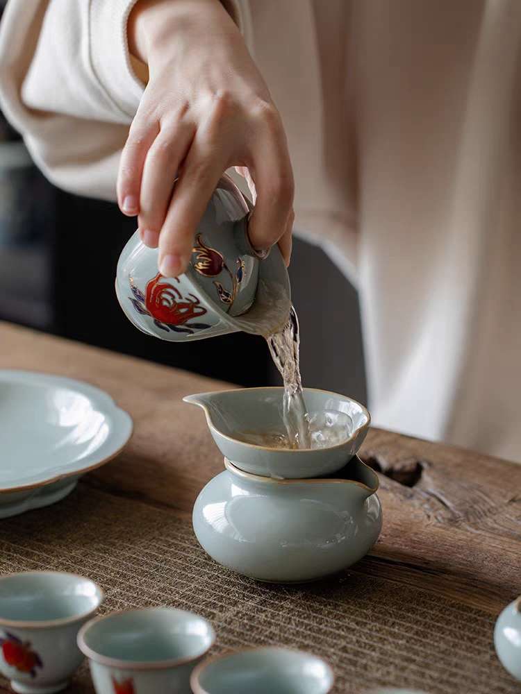 京韵窑彩叠金功夫茶具套装家用天青釉轻奢高档佛手花茶壶泡茶盖碗详情7