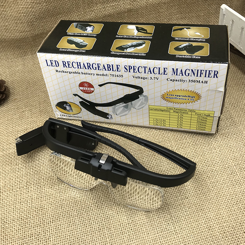 The new 11642DC glasses-style magnifying glass with a light and USB charging function is designed for the elderly to read newspapers and books. It features multiple lenses with interchangeable magnification Application Scenario