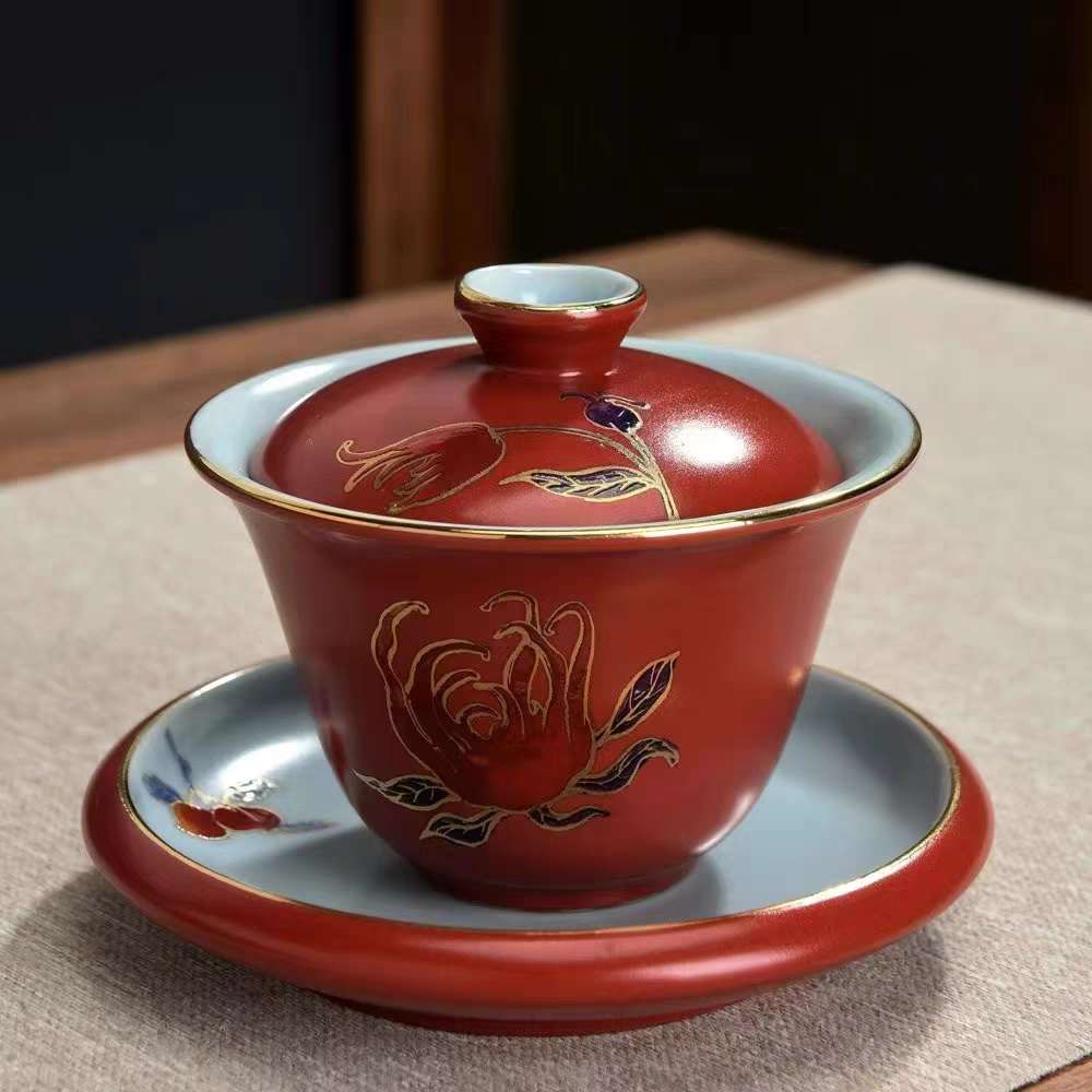 京韵窑彩叠金功夫茶具套装家用天青釉轻奢高档佛手花茶壶泡茶盖碗详情2