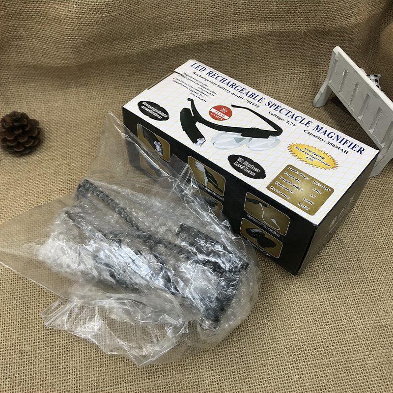 The new 11642DC glasses-style magnifying glass with a light and USB charging function is designed for the elderly to read newspapers and books. It features multiple lenses with interchangeable magnification Specification image