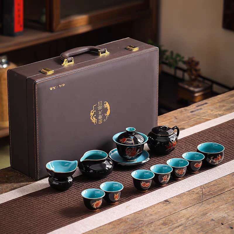 京韵窑彩叠金功夫茶具套装家用天青釉轻奢高档佛手花茶壶泡茶盖碗详情10