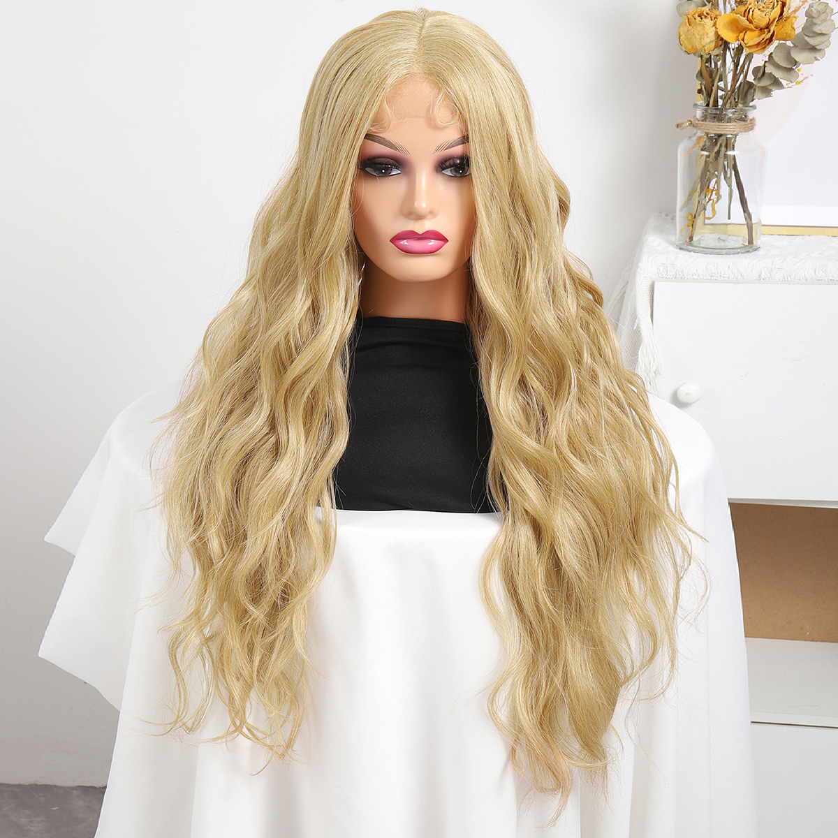 newlook跨境欧美假发中分黄色波纹长卷发化纤头套自然蓬松WIGS