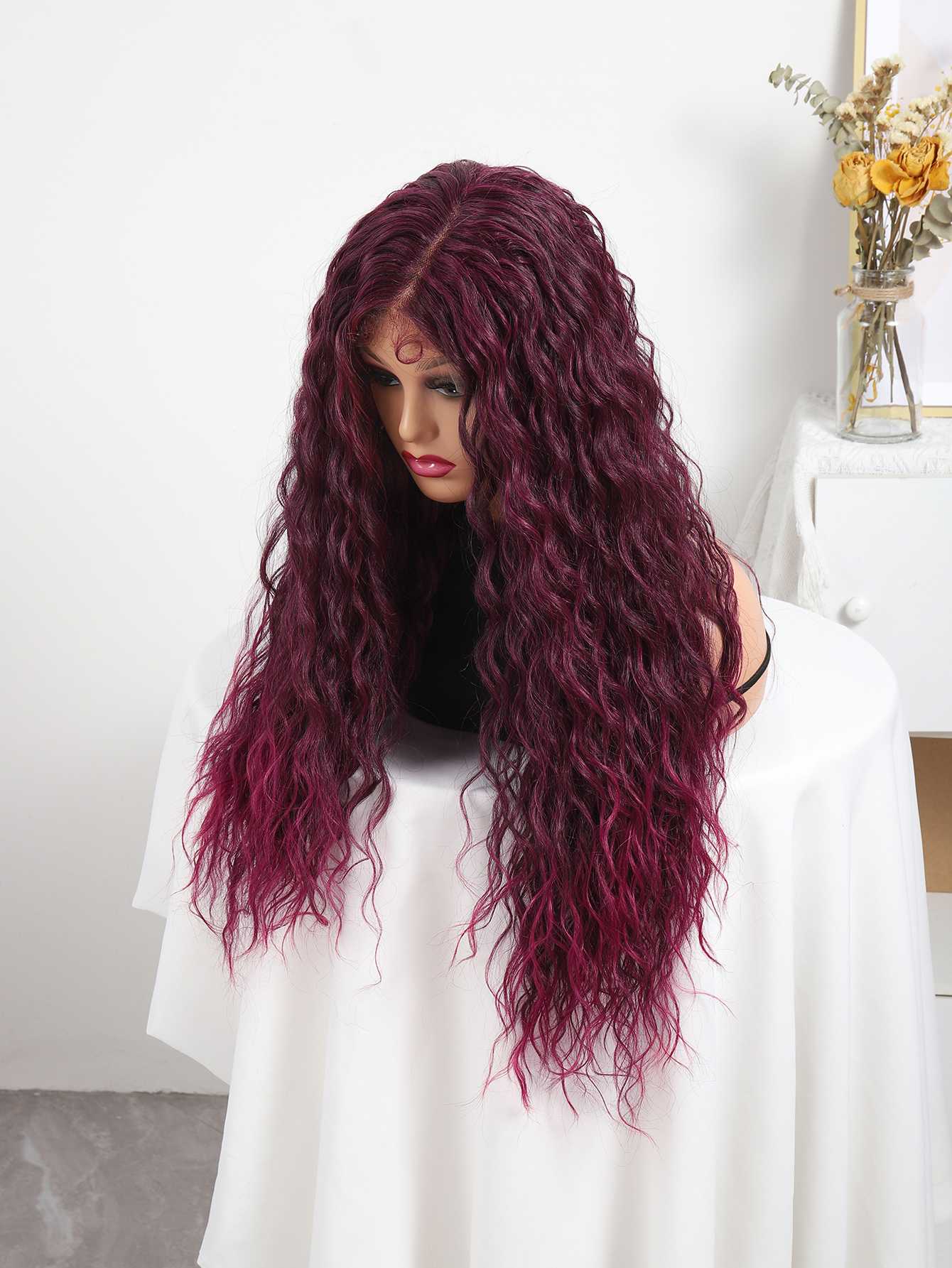 newlook cross-border European and American wigs feature a mid-range wine red multi-color wavy long curly hair synthetic fiber head cover that is naturally fluffy Specification image