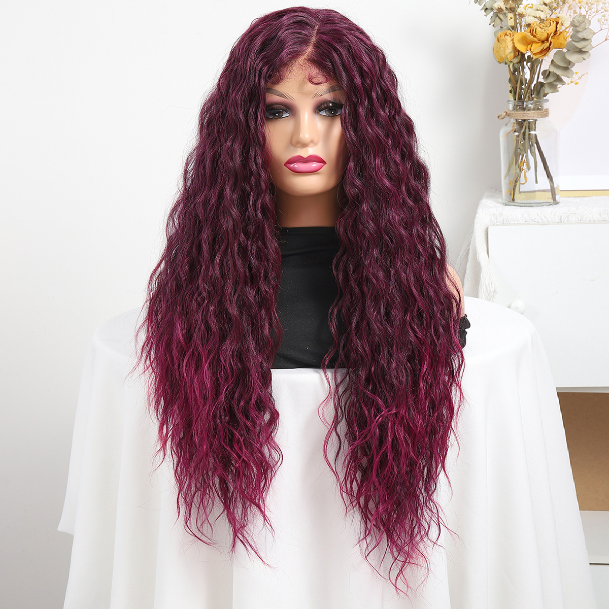 newlook cross-border European and American wigs feature a mid-range wine red multi-color wavy long curly hair synthetic fiber head cover that is naturally fluffy