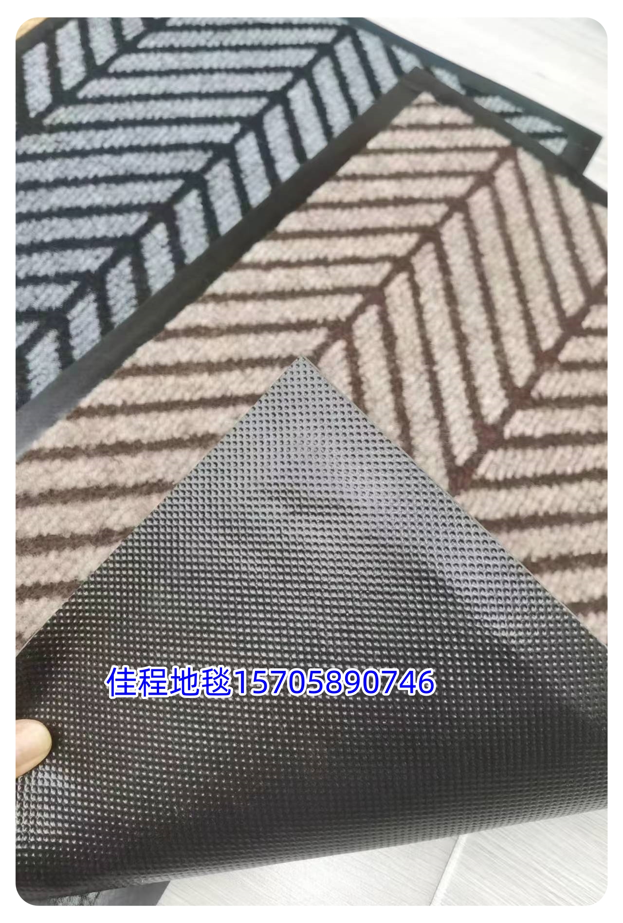 PVC base polypropylene anti-slip mat, foot mat, door mat, water-absorbing anti-slip mat, floor mat, carpet, export mat, polyester floor mat. The size is 38*58CM. It is packed in regular 3 color woven bags Specification drawing