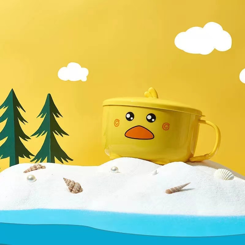 小黄鸭304不锈钢泡面碗学生宿舍带盖方便面碗可沥水用上班族饭盒详情图2