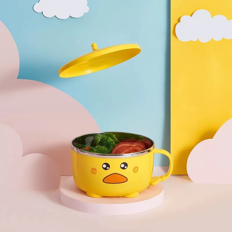 小黄鸭304不锈钢泡面碗学生宿舍带盖方便面碗可沥水用上班族饭盒详情图4