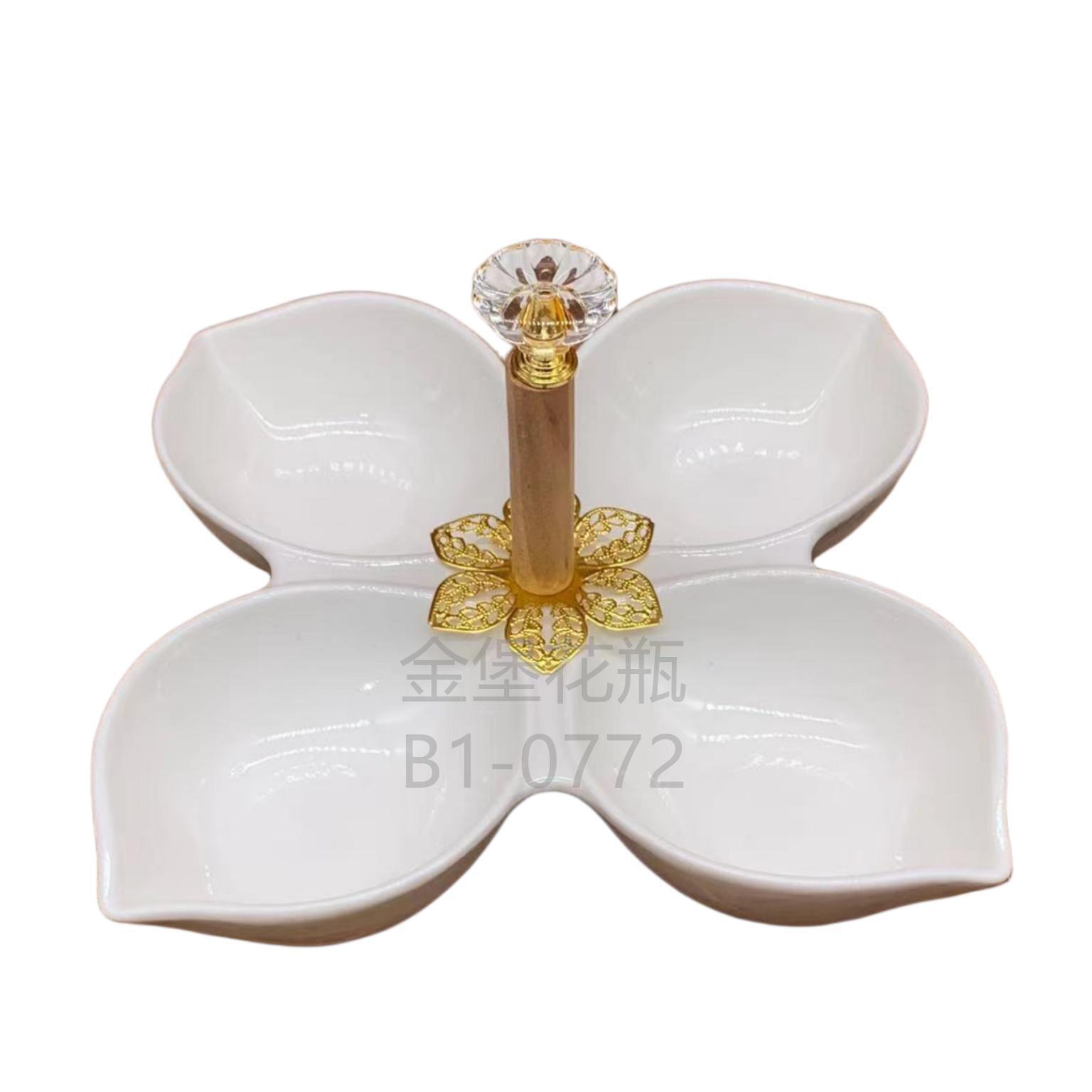 Pure white fruit plate, hand-held multi-compartment fruit plate, design sense, four-grid pure white ceramic, restaurant food multi-compartment splicing plate, decorative item, golden castle vase Specification image