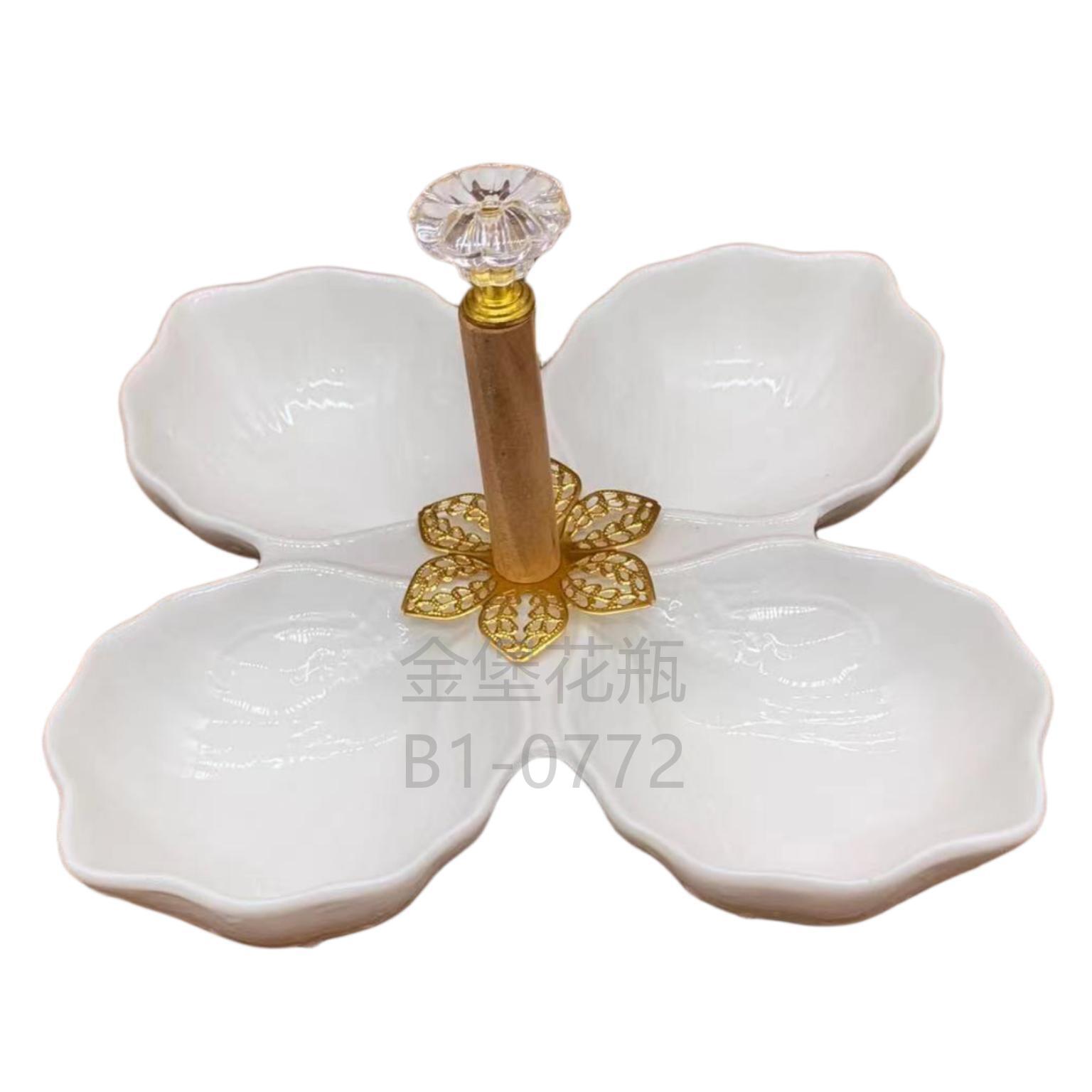Pure white fruit plate, hand-held multi-compartment fruit plate, design sense, four-grid pure white ceramic, restaurant food multi-compartment splicing plate, decorative item, golden castle vase details Picture