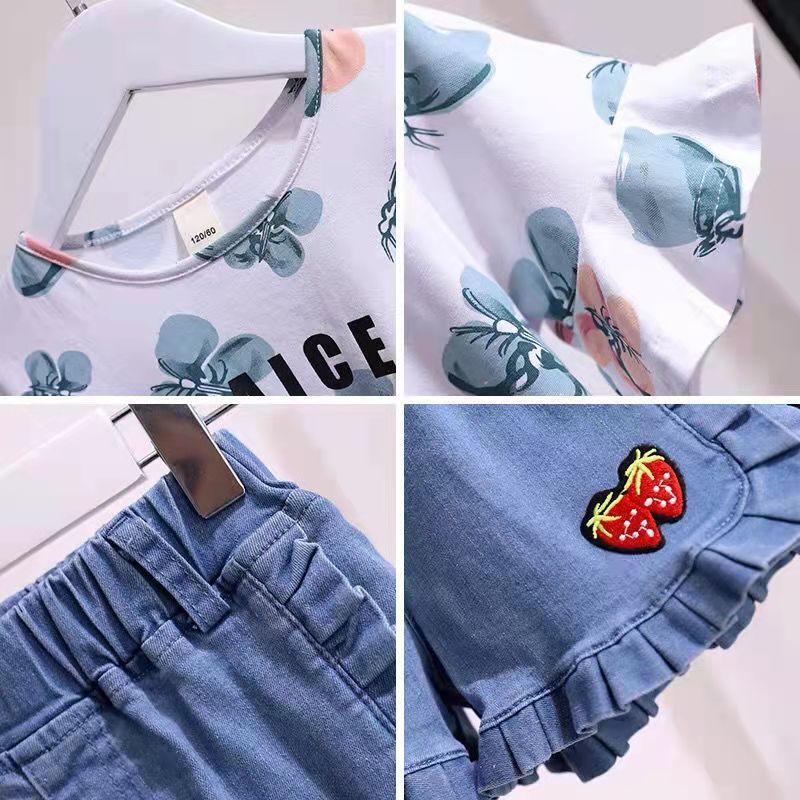 Girls' denim shorts for Zhongda Children's Set 2023 Summer New Style Zhongda Children's Girls' stylish Korean summer short-sleeved outfit detail image 5
