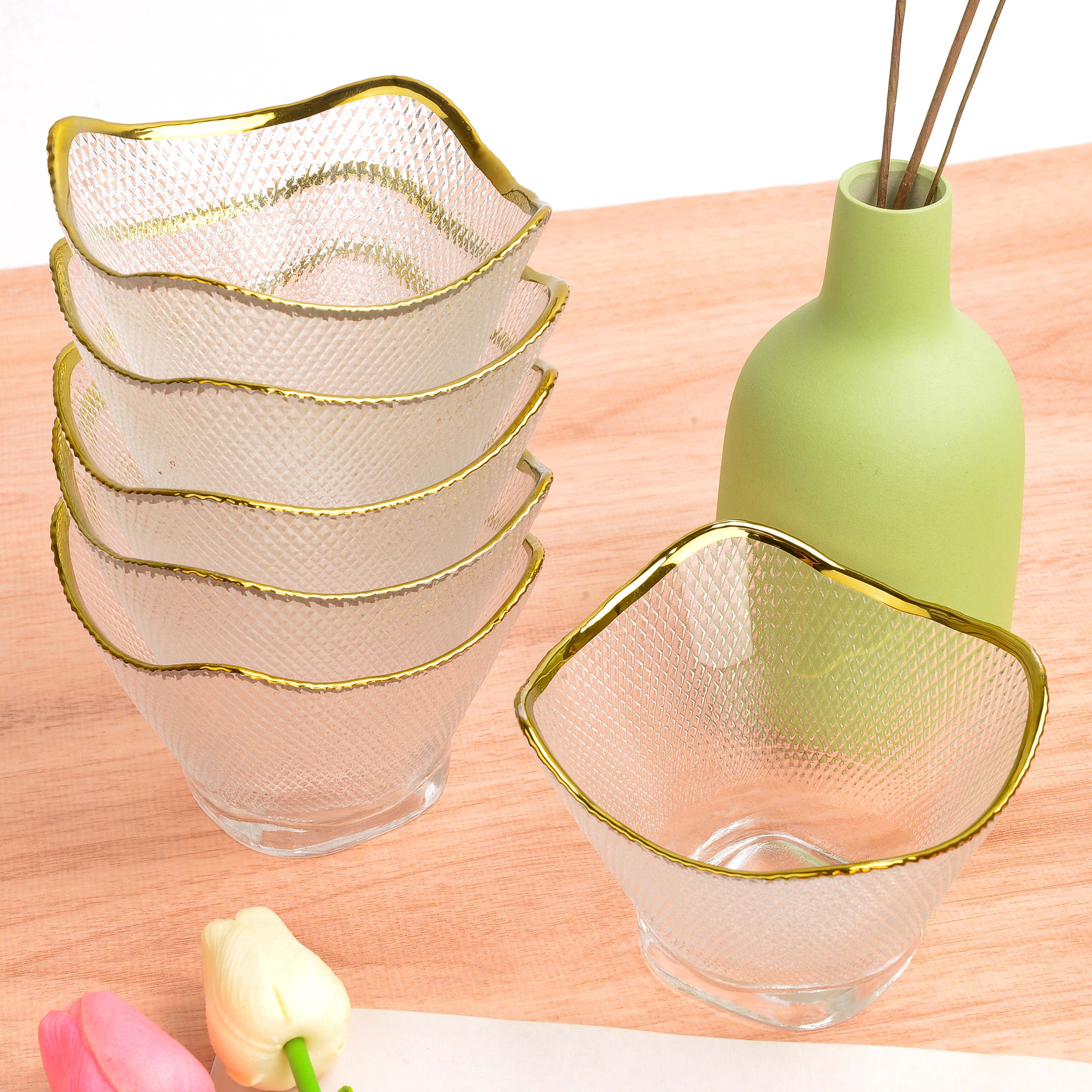 方形透明金边玻璃碗 个性锤纹水果碗 四方斗笠沙拉碗畅销爆款详情图1