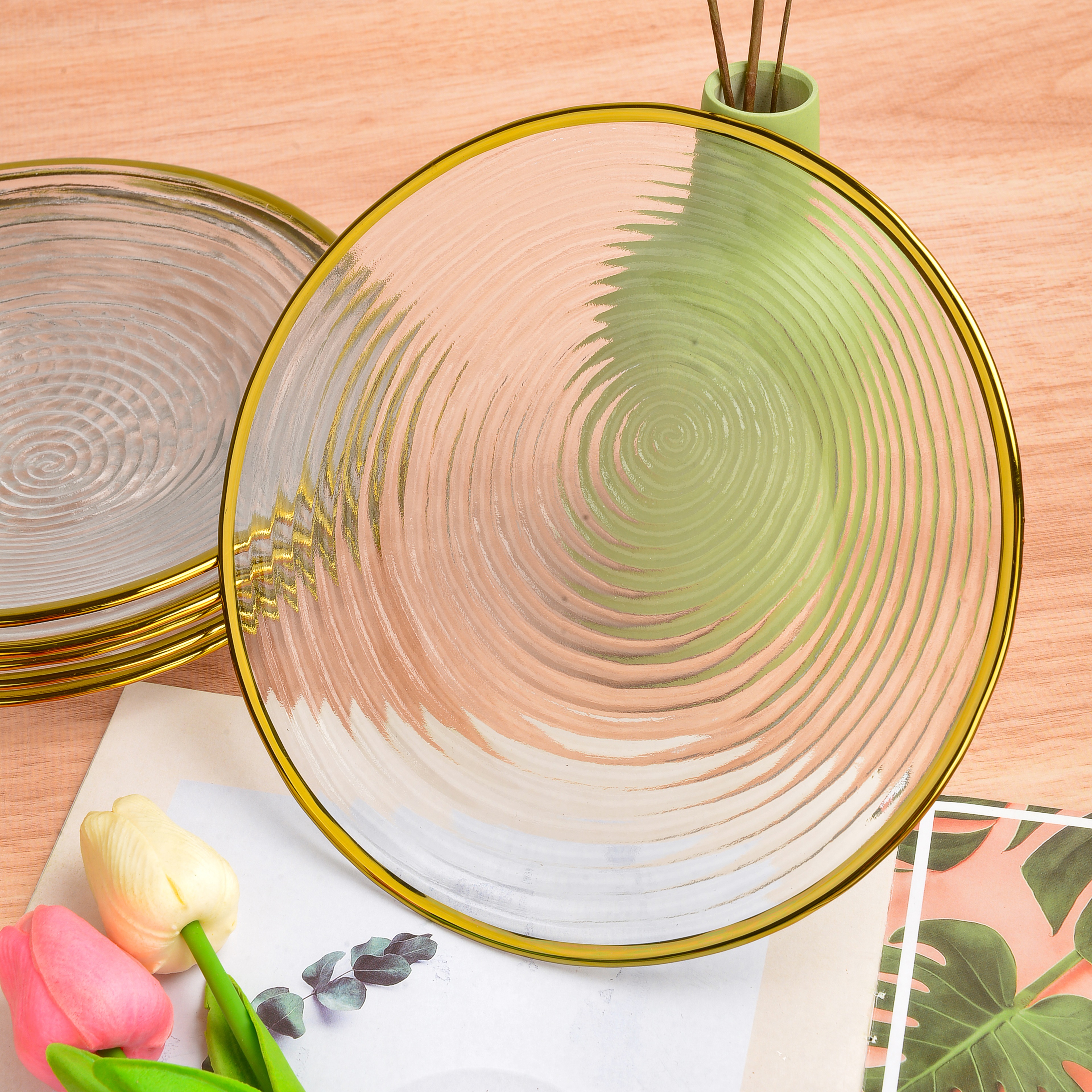 水晶玻璃水果盘客厅家用创意花语网红金边螺旋纹水果篮北欧风格糖果零食碟大号