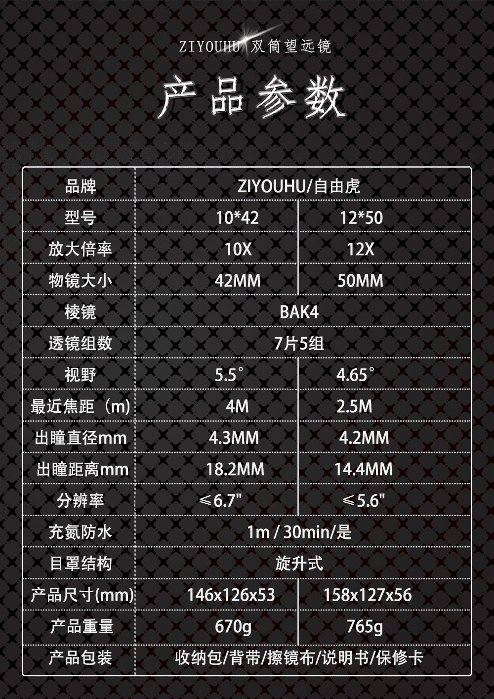 自由虎TA10x42 12x50双筒望远镜大视野微光夜视望远镜高倍高清 pic 11