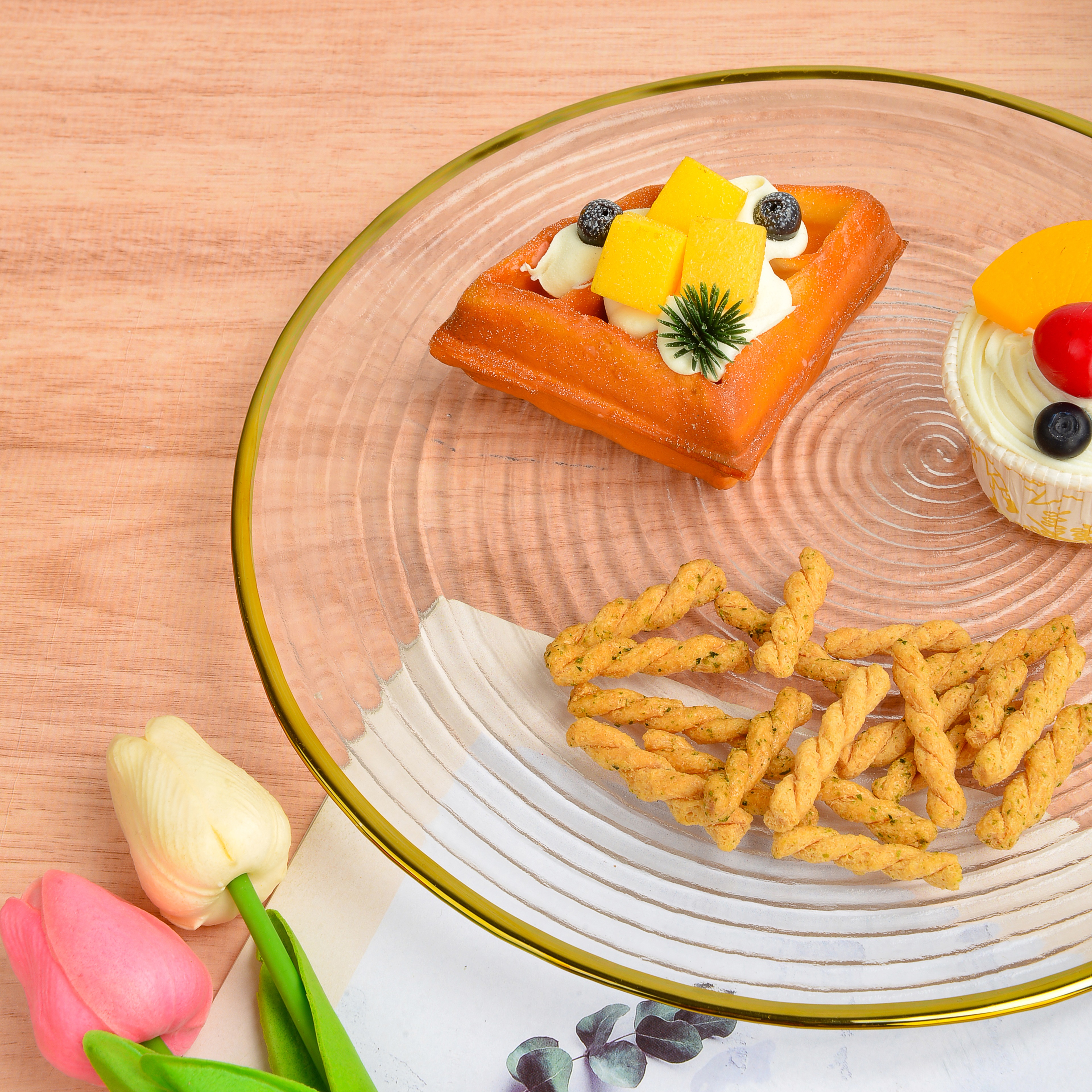 水晶玻璃水果盘客厅家用创意花语网红金边螺旋纹水果篮北欧风格糖果零食碟中号