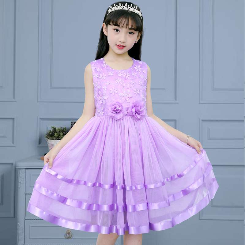女童连衣裙公主裙2023年夏季新款演出礼服裙子女孩中大童两朵花彩条