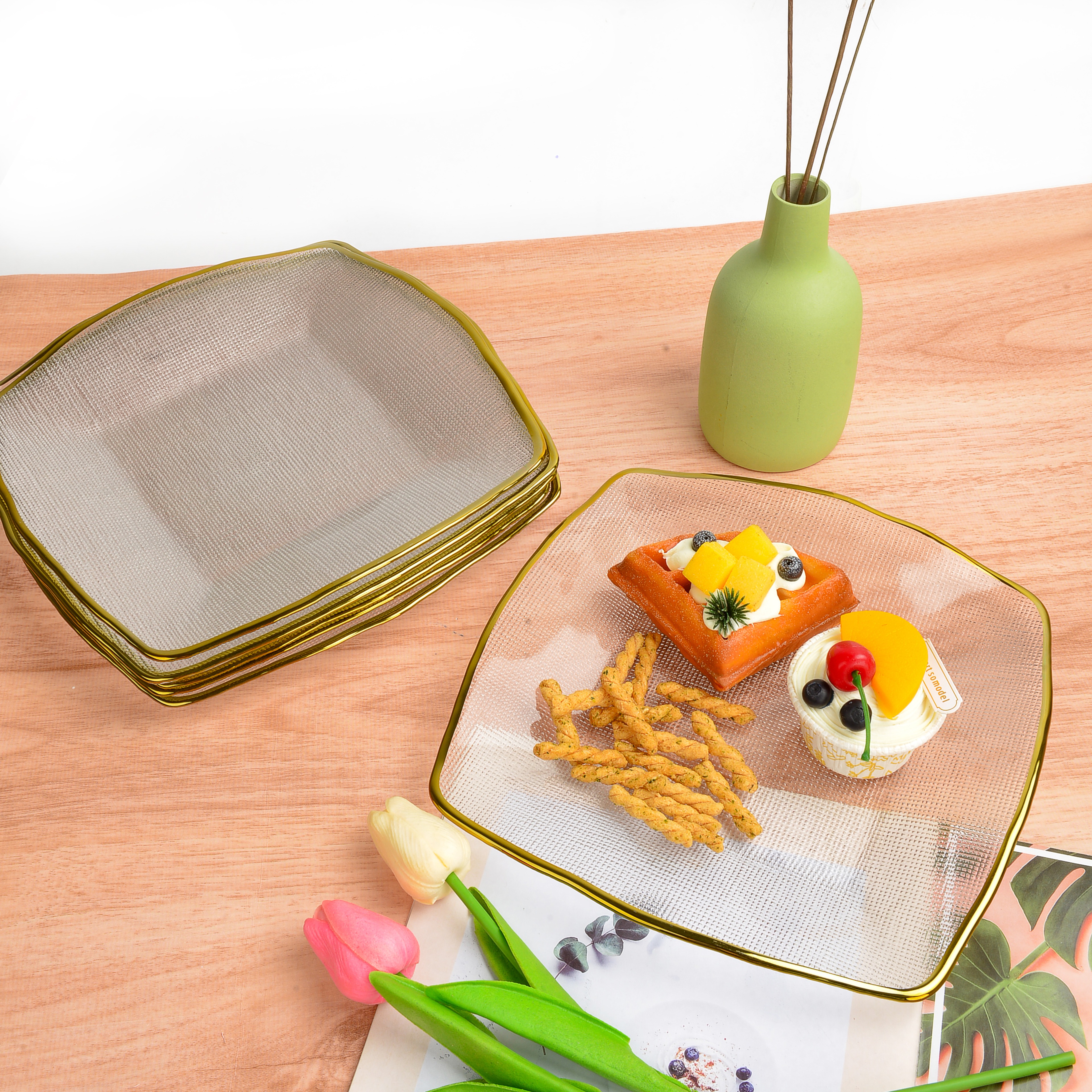 Crystal glass fruit plate for living room home, creative flower language, popular golden edge square fruit plate, Nordic-style candy and snack plate, large size details Picture