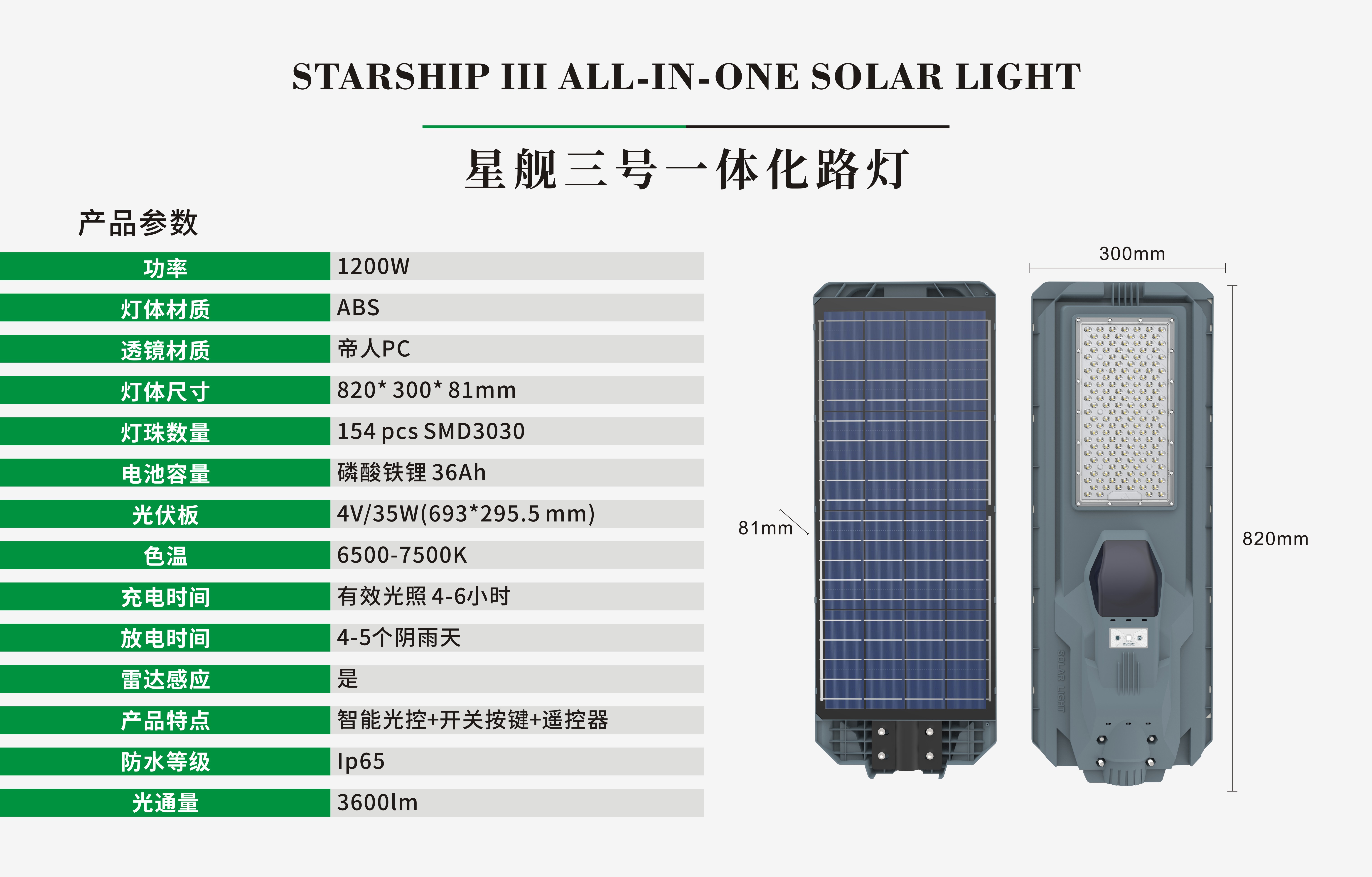 星舰三号/太阳能一体化路灯/1200W白底实物图