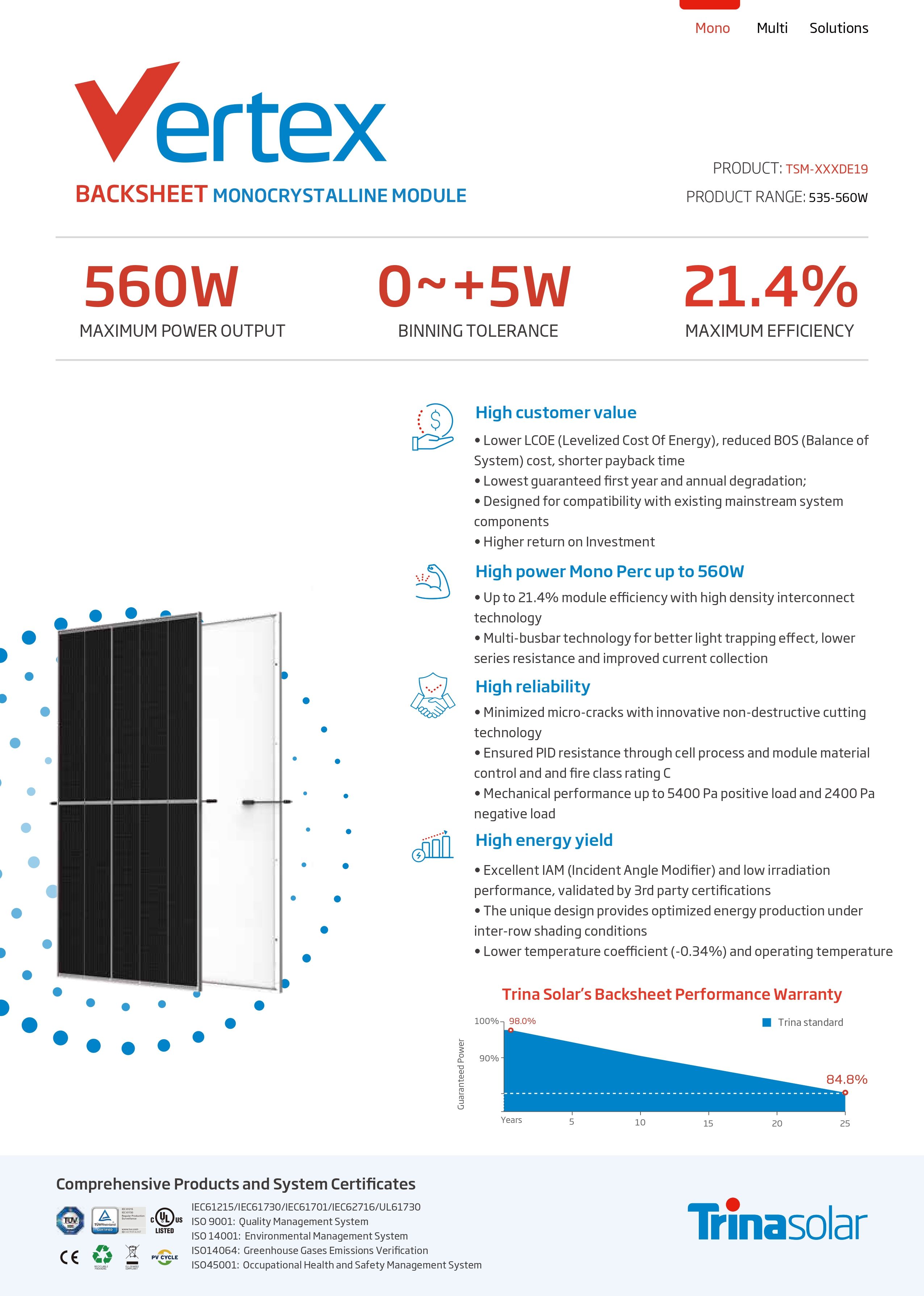 Trinasolar天合光能高效率太阳能组件535W-560W单晶硅太阳能板批发详情图4