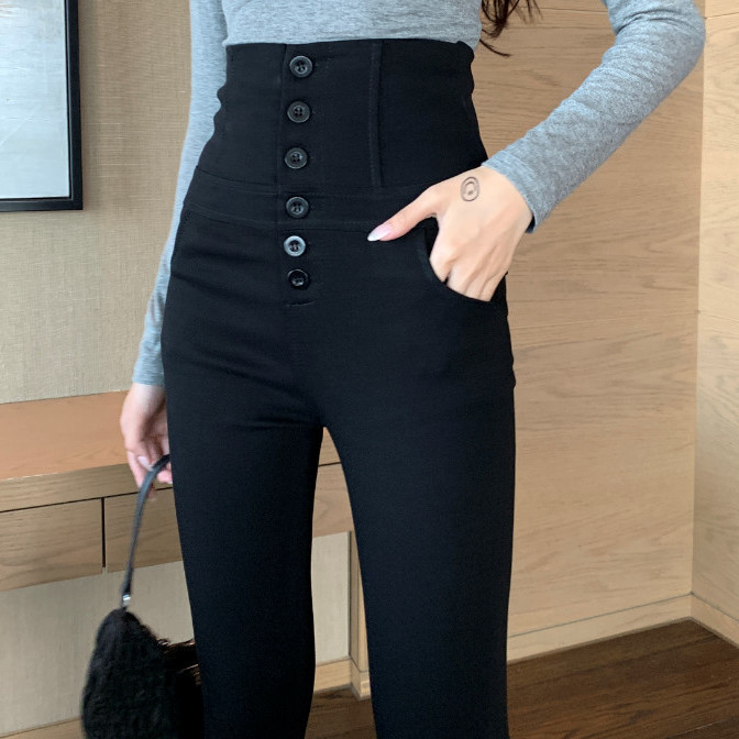 Spring And Summer High-Waisted Tight-Fitting Small Legs Women's Korean Version Of Elastic Wearing Leggings Breasted Black Slim Pencil Pants Application Scenario