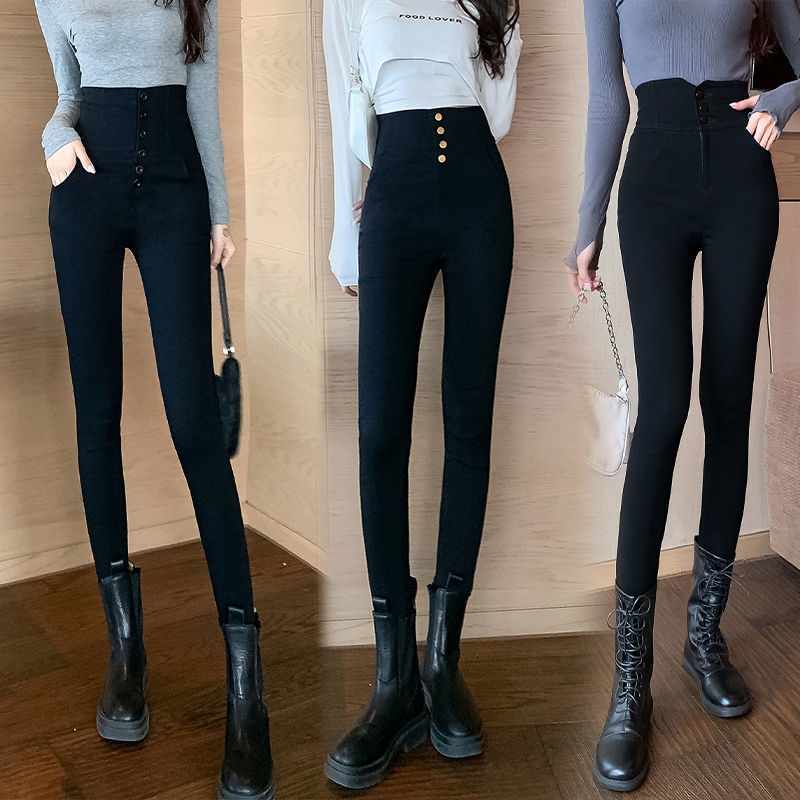 Spring And Summer High-Waisted Tight-Fitting Small Legs Women's Korean Version Of Elastic Wearing Leggings Breasted Black Slim Pencil Pants Application Scenario