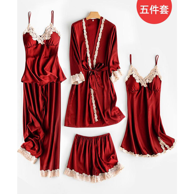 性感睡衣女冰丝睡裙刺绣蕾丝睡袍春夏秋女士家居服五件套装带胸垫