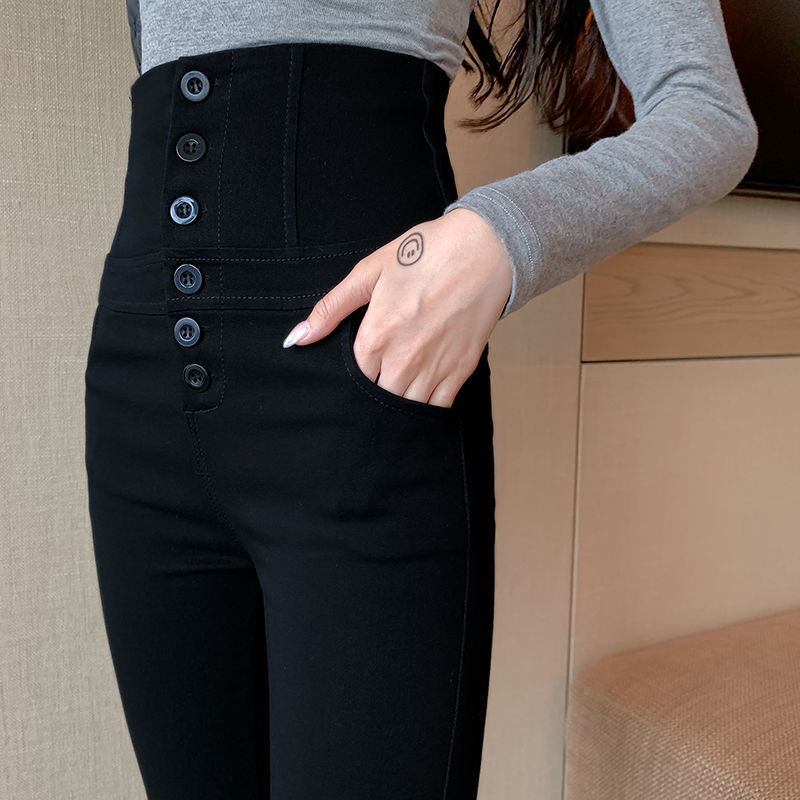 Spring And Summer High-Waisted Tight-Fitting Small Legs Women's Korean Version Of Elastic Wearing Leggings Breasted Black Slim Pencil Pants details Picture