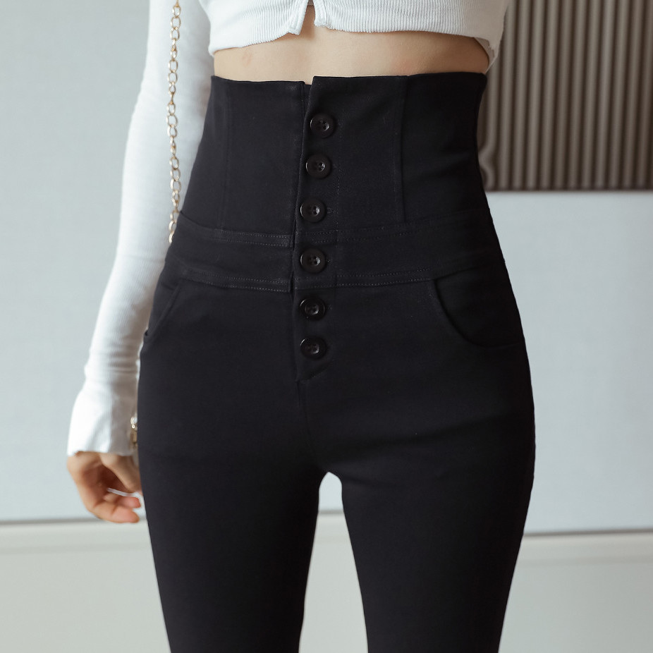 Spring And Summer High-Waisted Tight-Fitting Small Legs Women's Korean Version Of Elastic Wearing Leggings Breasted Black Slim Pencil Pants Specification drawing