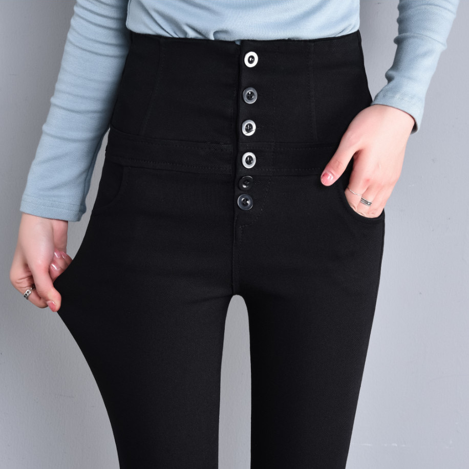Spring And Summer High-Waisted Tight-Fitting Small Legs Women's Korean Version Of Elastic Wearing Leggings Breasted Black Slim Pencil Pants Item Picture