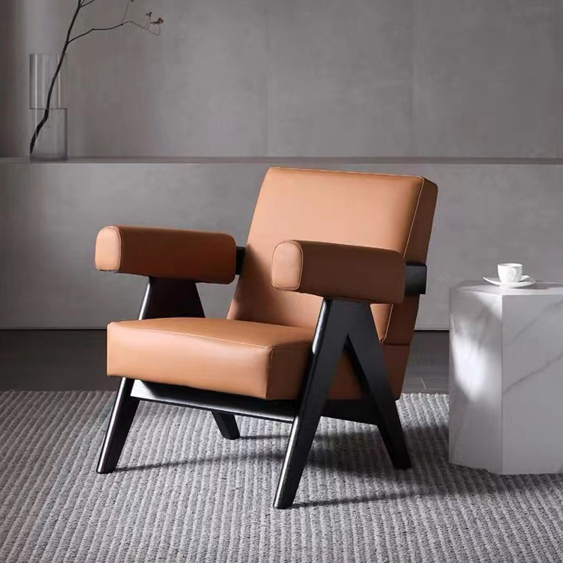 Wabi-sabi Wind sand hair Japanese living room leisure leather art cloth sofa chair single solid wood minimalist negotiation retro sofa