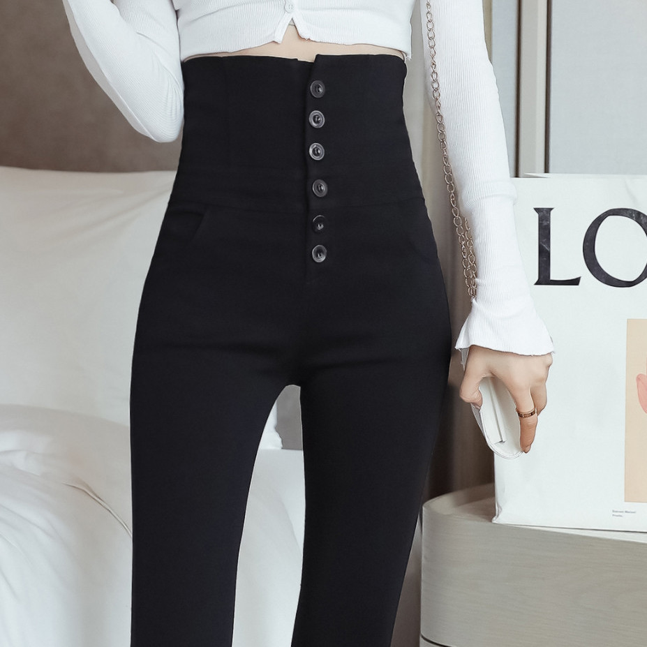 Spring And Summer High-Waisted Tight-Fitting Small Legs Women's Korean Version Of Elastic Wearing Leggings Breasted Black Slim Pencil Pants