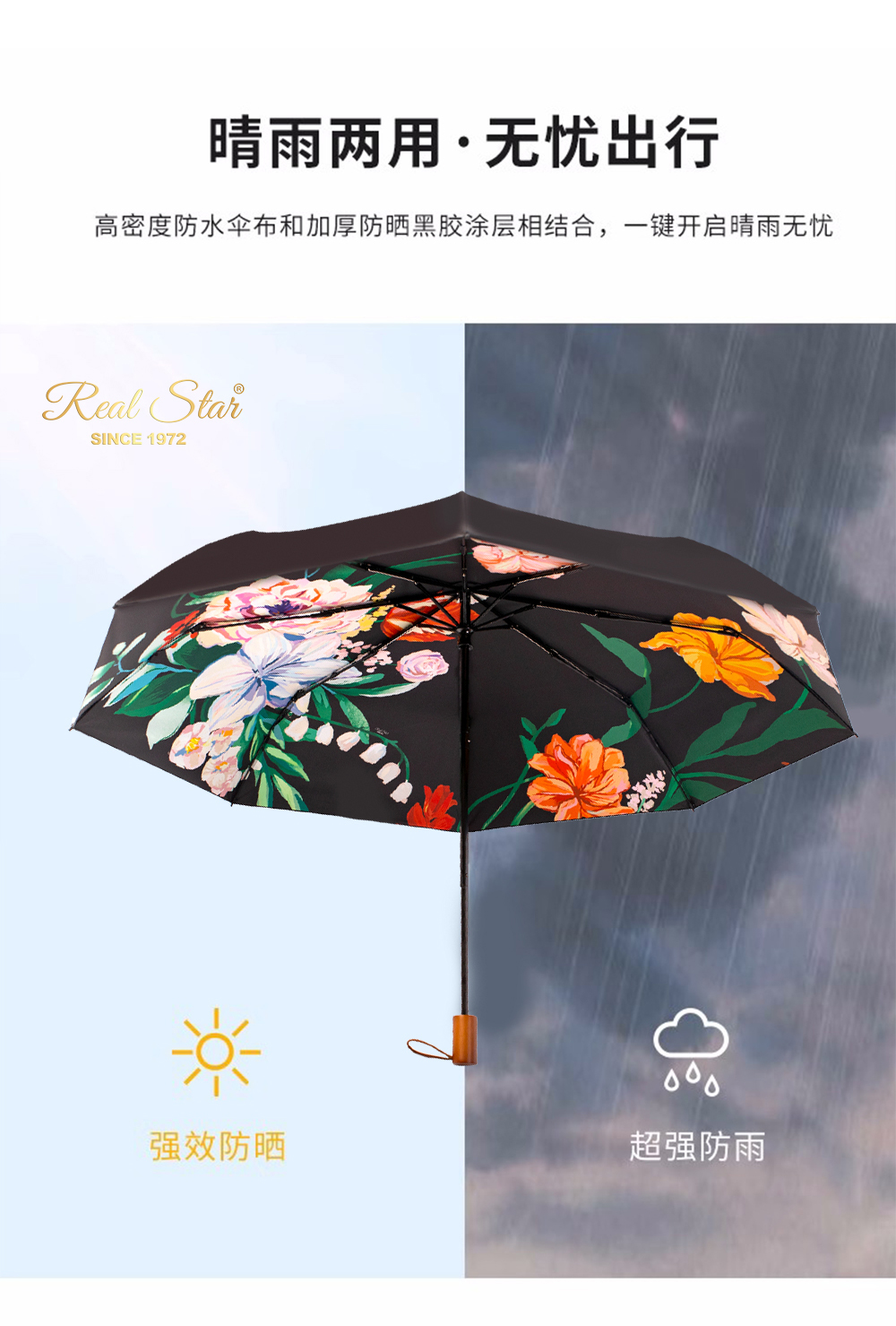 3225花束郁语三折手开雨伞黑胶晴雨2用手动伞防嗮小伞防风雨伞批发详情8