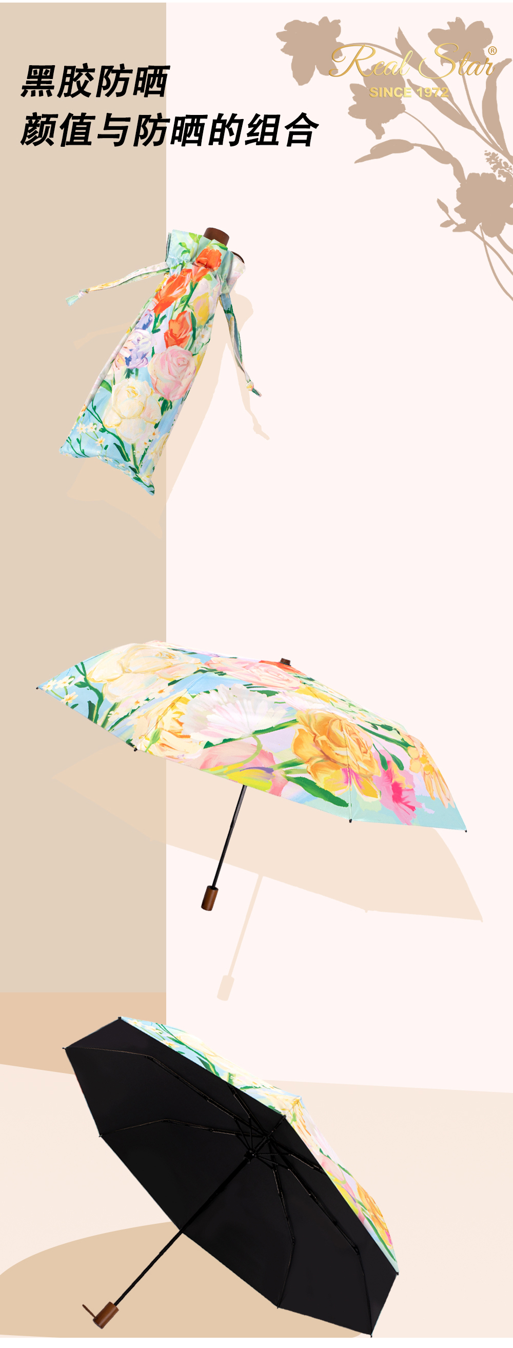 S3225-花辰月夕三折黑胶雨伞数码印手开雨伞送礼女生晴雨2用伞全面遮阳伞详情4