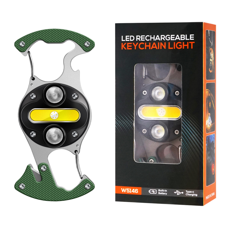 W5146 Work light, multi-functional key chain light, outdoor portable small flashlight with cutter, bottle opener, screwdriver tool, high-brightness COB light Item Picture