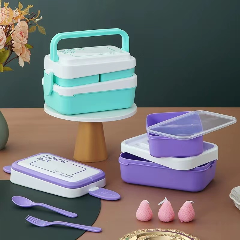 双层大容量上班族饭盒可微波成人学生便携手提便当盒餐盒带餐具详情图4