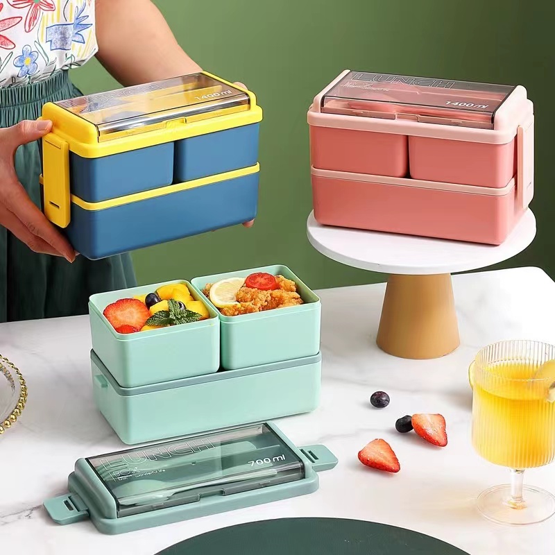 双层塑料饭盒便当盒套装可微波炉加热餐盒日式多层分格保鲜盒套装