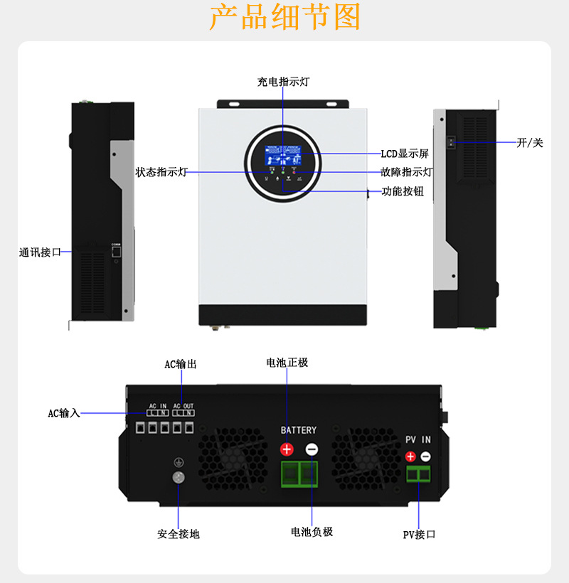 太阳能逆变器3KW/24V 太阳能控制器MPPT90-450V正弦波光伏逆变器详情图4