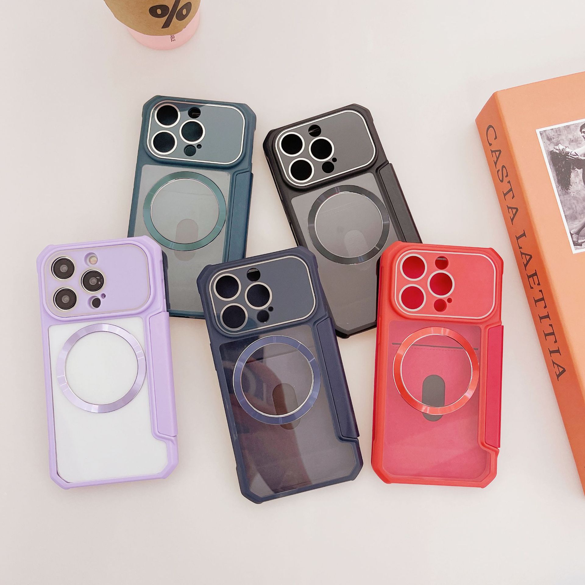 手机皮套多彩CD纹磁吸圈商务皮套插卡PC壳